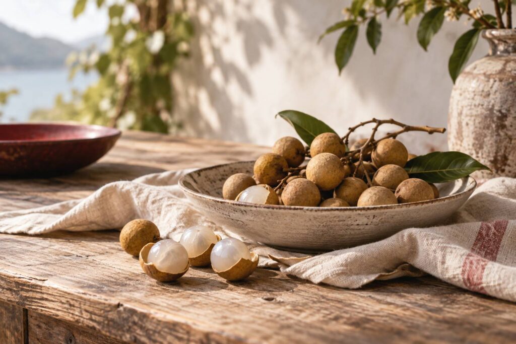 Table rustique avec grappes de petits fruits bruns et fruits peles