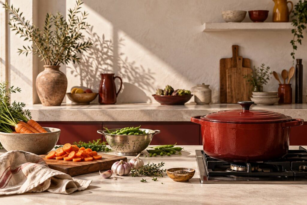 Cocotte en fonte avec carottes et petits pois frais dans une cuisine familiale