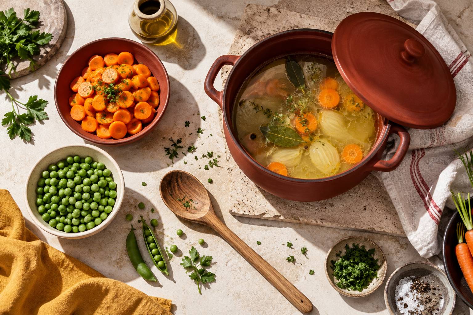 Carottes en rondelles et petits pois frais prets a mijoter dans un fond court
