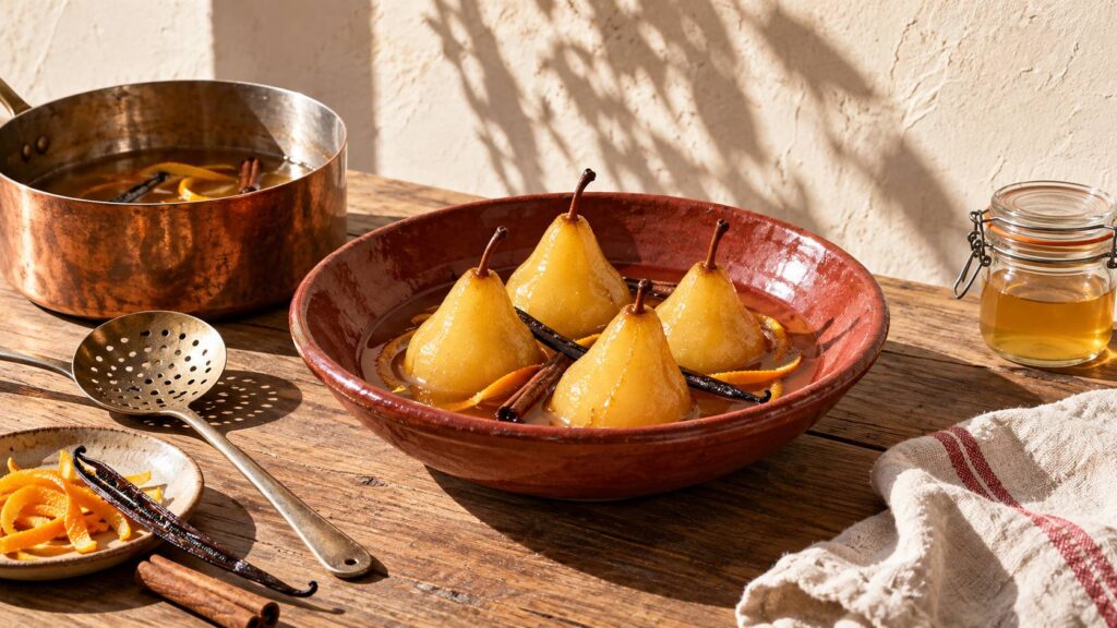 Poires pochées nappées de sirop avec gousse de vanille, cannelle et écorces d'orange