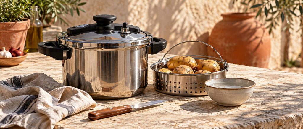 Autocuiseur inox et pommes de terre entières sur un plan de travail clair