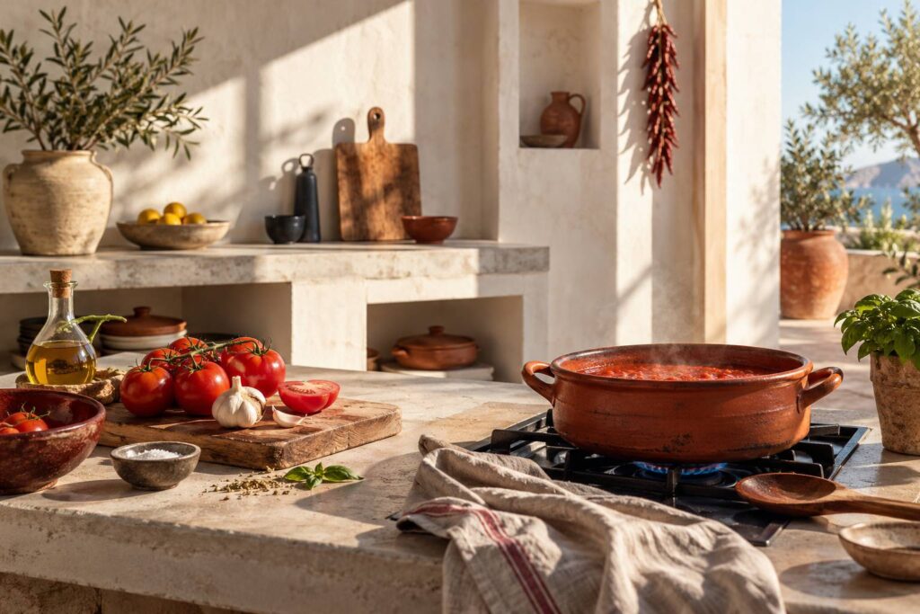 Casserole de sauce tomate mijotee avec tomates fraiches sur une planche
