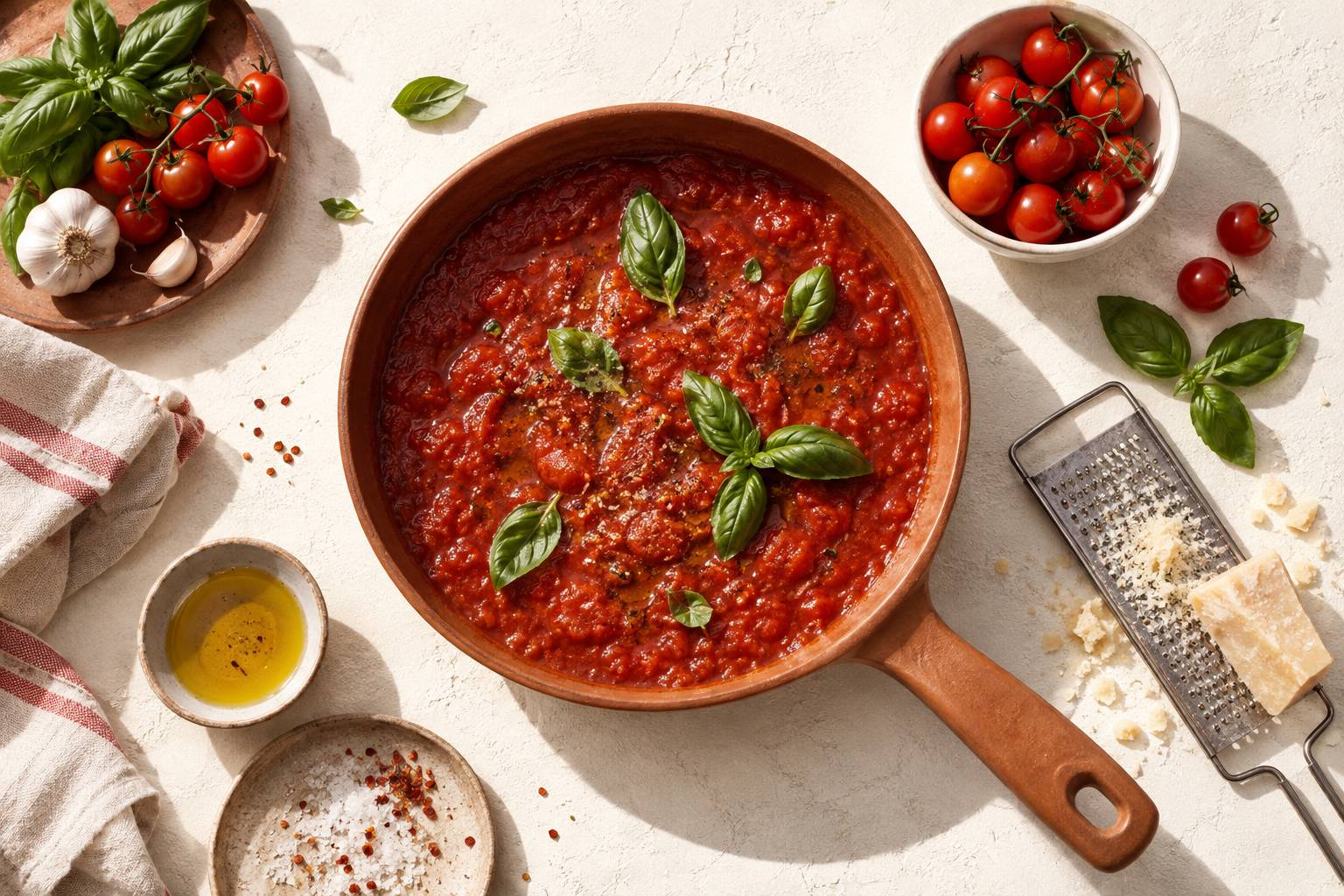 Sauce tomate epaisse au basilic frais dans une poele