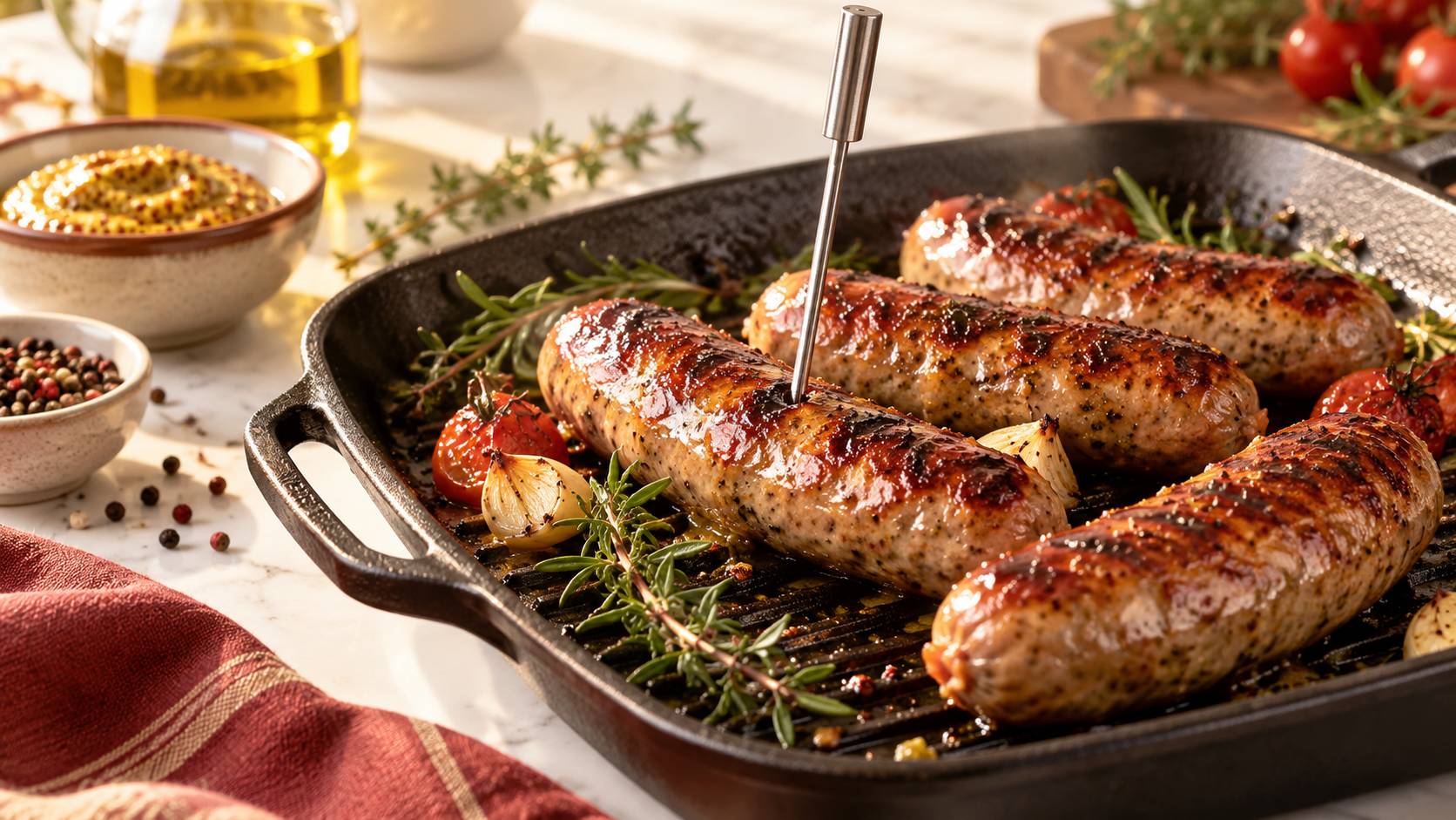 Saucisses dorees sur plaque avec sonde de cuisson et herbes fraiches