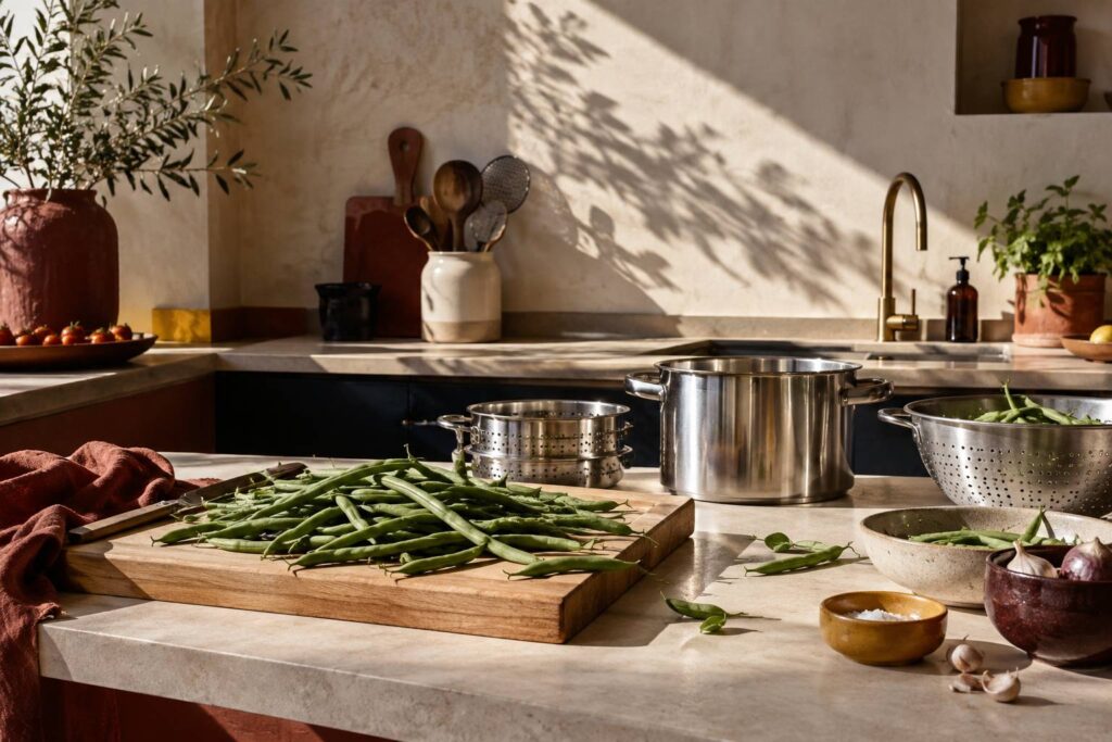 Haricots verts frais et casserole inox sur une planche de cuisine