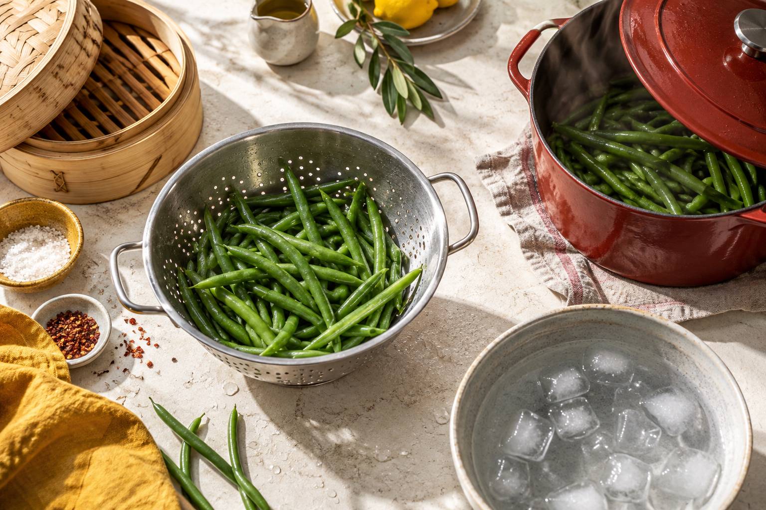 Haricots verts cuits dans une passoire avec bol d'eau glacee